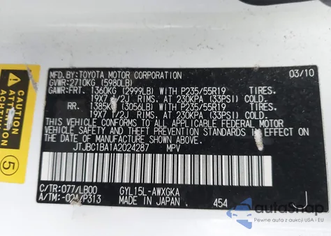 2010 Lexus Rx 450H z USA, uszkodzony, nr VIN JTJBC1BA1A2024287